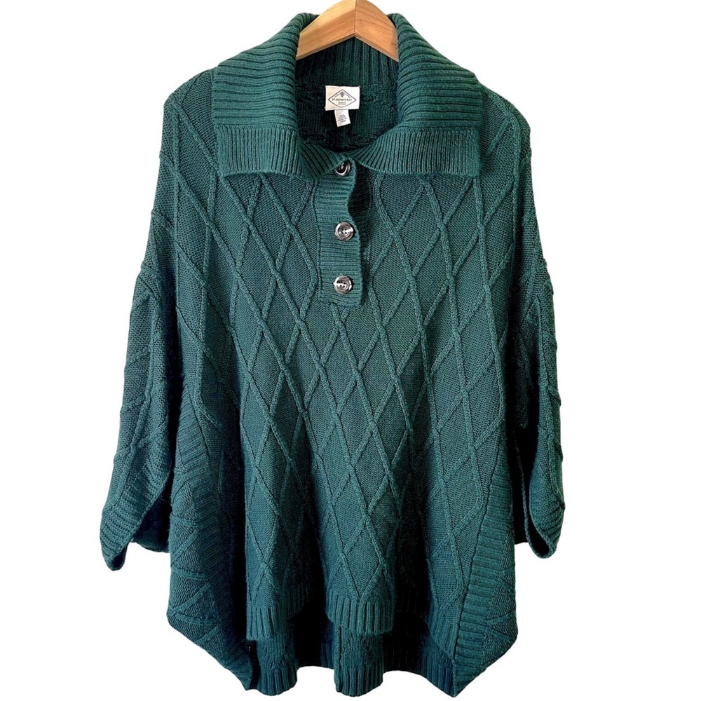 St. Johns Bay Dark Forest Green Cable Knit Sweater Poncho Size L - Picture 2 of 8